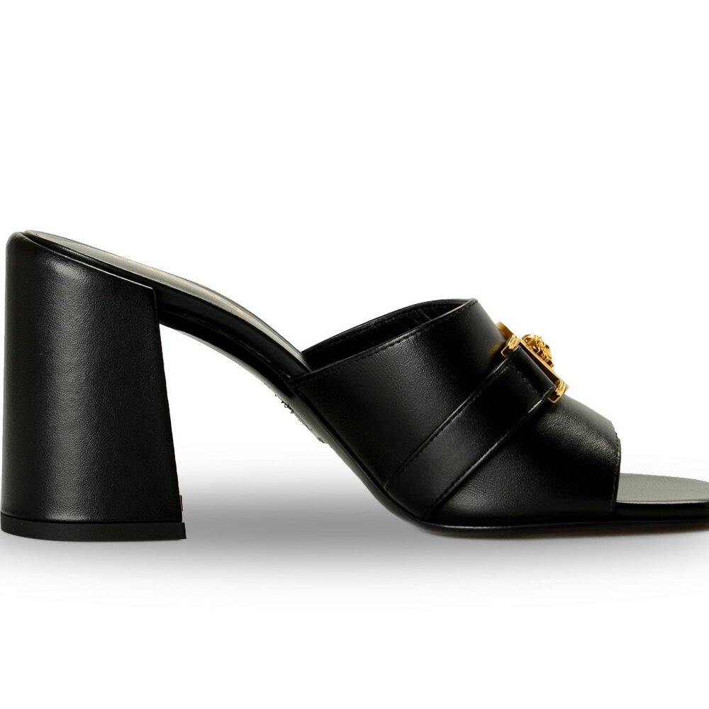 Versace Women's Black 100% Leather Gold Medusa Mules Sandals Shoes US 7 IT 37 - Picture 4 of 8